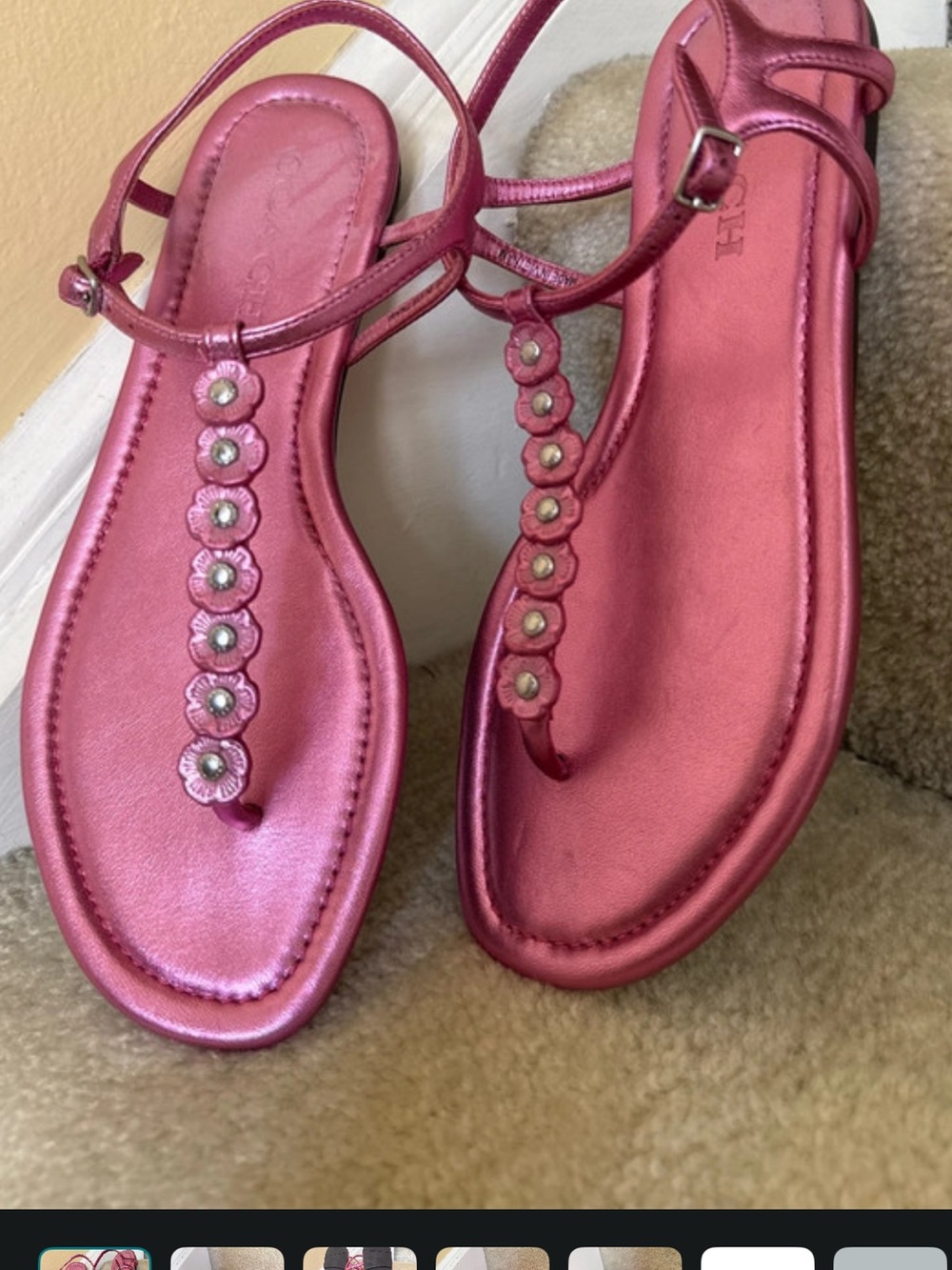 Coach Metallic Pink Floral T-Strap Sandals